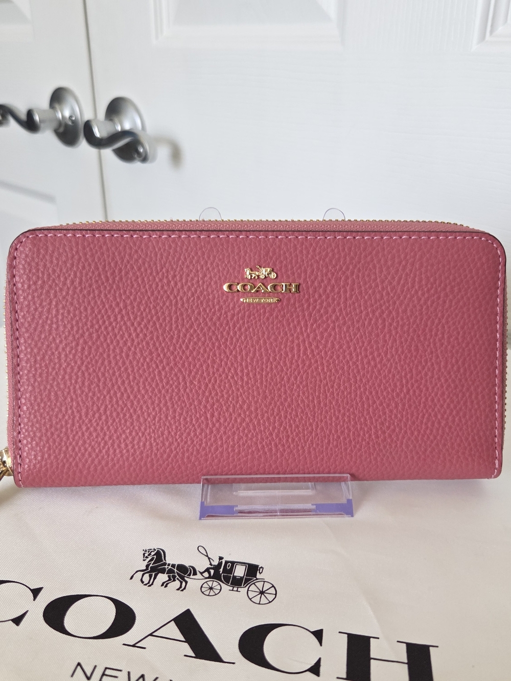 COACH Dusty Rose Pink Pebbled Leather Large Zip-Around Wallet with Gold Logo